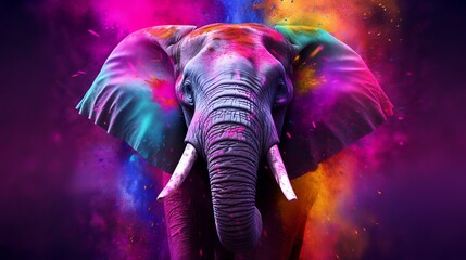 Elephant in colorful paint splashes. Multicolored background.