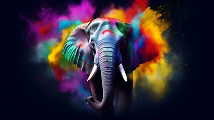 Elephant in colorful paint splashes on black background. Mixed media