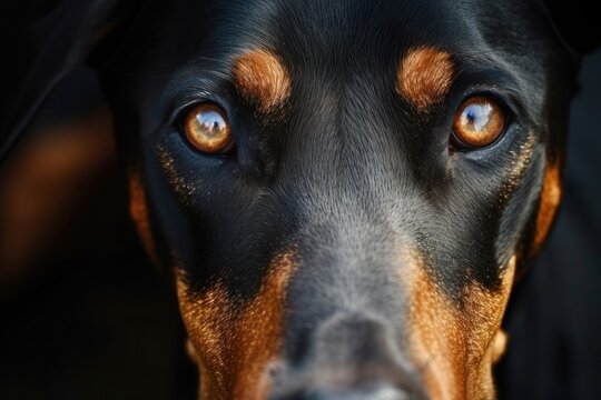 A close-up portrait of a Doberman's intense gaze, conveying intelligence, alertness, and unwavering focus, Copy Space.