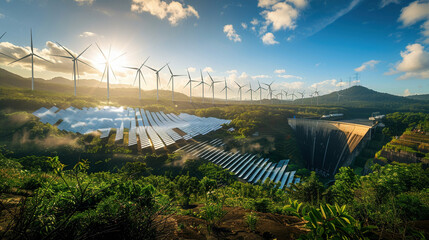Fototapeta premium Clean Energy Solutions: Wind Turbines, Solar Panels, and Hydroelectric Dams