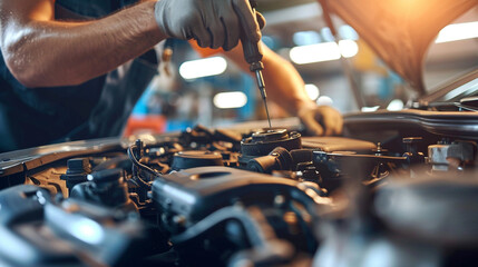 A mechanic repairing a car in an auto repair shop, diagnosing issues and performing maintenance tasks.