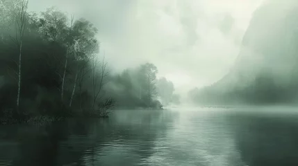 Wandaufkleber A dense fog rolling over a tranquil river, shrouding the landscape in an ethereal mist © Image Studio