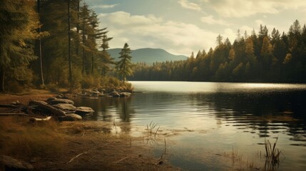 Background of lake landscape with green trees and blue sky