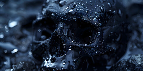 Model of human skull painted with black on dark background with illumination. Concept of fear and horror, Halloween celebration. - obrazy, fototapety, plakaty