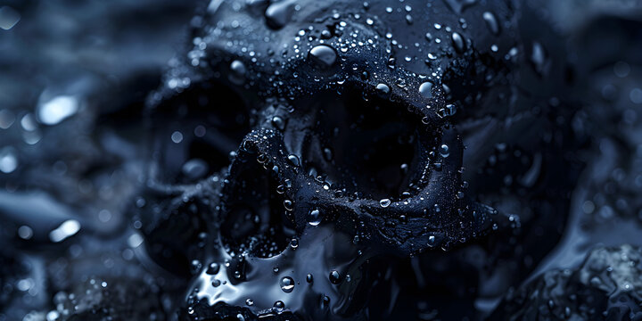 Model of human skull painted with black on dark background with illumination. Concept of fear and horror, Halloween celebration.