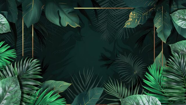 Radiant seamless looping animation displaying elegantly drifting forest plant leaves against a dark green background adorned with golden borders.