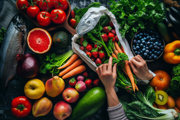 Persona fa la spesa e sceglie prodotti freschi e sani, come frutta, verdura e pesce, per una dieta equilibrata - obrazy, fototapety, plakaty