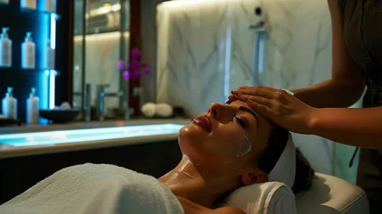 Foto op Canvas Esperienza spa di lusso, con una donna rilassata che riceve un trattamento viso © alexandro900