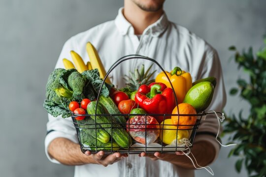 Persona fa la spesa e sceglie prodotti freschi e sani, come frutta, verdura e pesce, per una dieta equilibrata