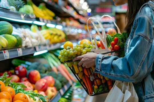 Persona fa la spesa e sceglie prodotti freschi e sani, come frutta, verdura e pesce, per una dieta equilibrata