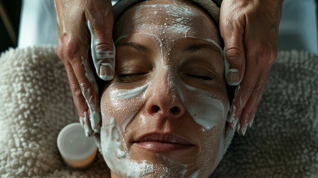 Esperienza spa di lusso, con una donna rilassata che riceve un trattamento viso