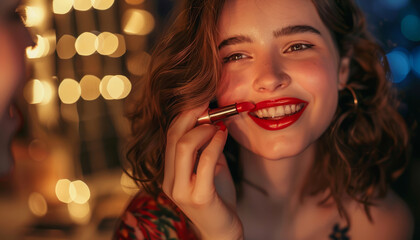 Ragazza con un sorriso luminoso applica il rossetto rosso mentre si prepara per una serata speciale - obrazy, fototapety, plakaty