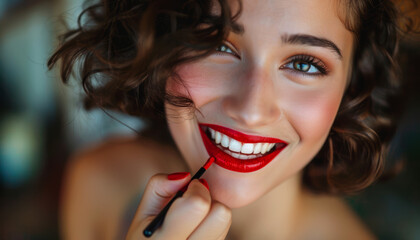 Ragazza con un sorriso luminoso applica il rossetto rosso mentre si prepara per una serata speciale - obrazy, fototapety, plakaty