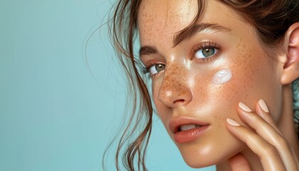 Giovane donna con la pelle radiosa che applica delicatamente una crema idratante sul viso. Trattamenti di bellezza e cura della pelle.