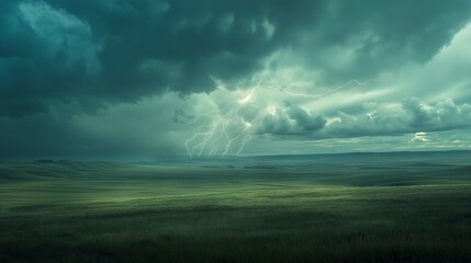 A dramatic thunderstorm brewing over a vast expanse of rolling plains, with lightning illuminating the sky - obrazy, fototapety, plakaty