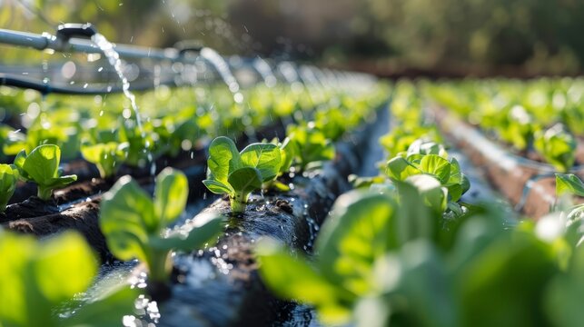 Sistema di irrigazione a goccia automatizzato utilizzato in un'azienda agricola biologica. Efficienza nell'uso delle risorse idriche.