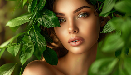 Primo piano sul visto di una bella donna adornato con lussureggianti foglie verdi. Concetto di trattamenti naturali di bellezza e cura della pelle. - 765866507