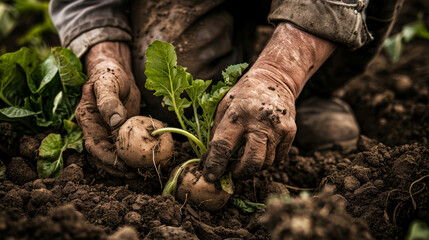 Mani raccolgono patate biologiche. Concetto di importanza della coltivazione sostenibile.