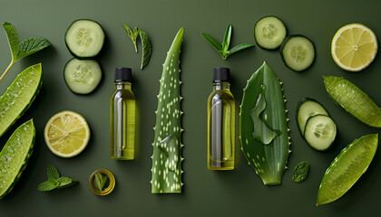 Composizione artistica di ingredienti naturali come aloe vera, cetriolo e olio dell'albero del tè, utilizzati nella produzione di prodotti per la cura della pelle