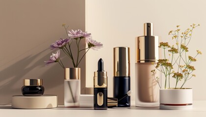 Composizione artistica di vari prodotti cosmetici elegantemente disposti su sfondo neutro