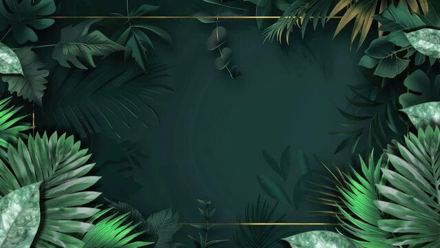 Sublime seamless looping footage capturing the tranquility of forest plant leaves against a dark green backdrop highlighted with golden borders.