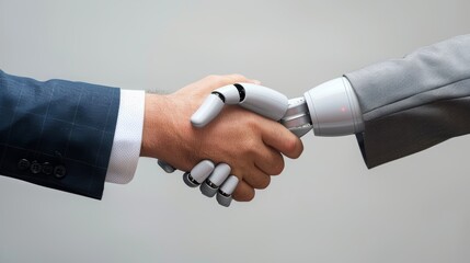 Stretta di mano tra mano umana e mano robotica, a rappresentare collaborazione tra uomo e tecnologia per garantire la sicurezza informatica - 765866736