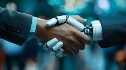 Stretta di mano tra mano umana e mano robotica, a rappresentare collaborazione tra uomo e tecnologia per garantire la sicurezza informatica - 765866752