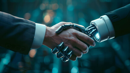 Stretta di mano tra mano umana e mano robotica, a rappresentare collaborazione tra uomo e tecnologia per garantire la sicurezza informatica - obrazy, fototapety, plakaty