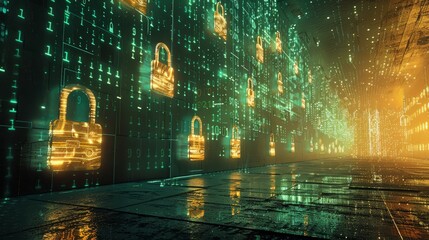 Protezione dei dati come un muro impenetrabile, con lucchetti e barriere virtuali - 765866782