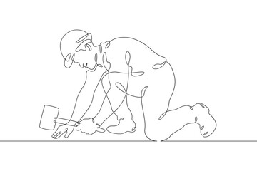 One continuous line. Construction worker. The builder uses a hammer. Construction works. Building renovation. One continuous line is drawn on a white background.