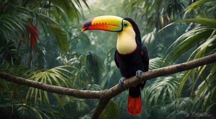 Generate a beautiful, high-resolution (8k) image of a toucan perched on a branch amidst lush tropical foliage. The toucan should be depicted with vibrant, eye-catching colors, showcasing its distincti