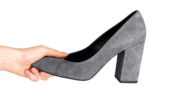 Hand holding suede shoe with, gray heeled footwear, isolated on white, transparent png