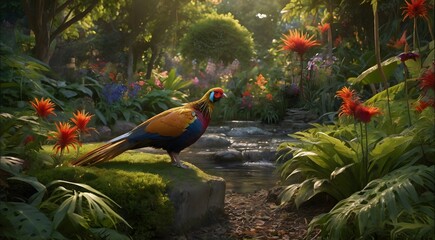 golden pheasant amidst a picturesque garden scene