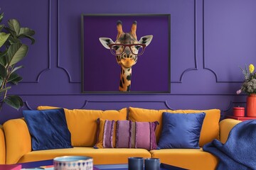 Create a chic giraffe adorned with stylish spectacles, against a regal purple backdrop, epitomizing modernity and urban elegance in its sleek demeanor