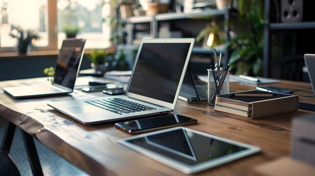 Laptop, mobile phone, tablet and documents on a working table in creative office. Successful teamwork and business startup concept. Toned image