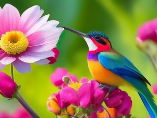Fototapeta premium colorful bird with fully adorned feathers and wings delicately sipping nectar from the heart of a flower. The bird appears to be gracefully enjoying a tranquil moment amidst the captivating beauty of 
