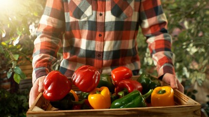 Closeup of Farmer Holding Wooden Crate with Coloured Peppers.