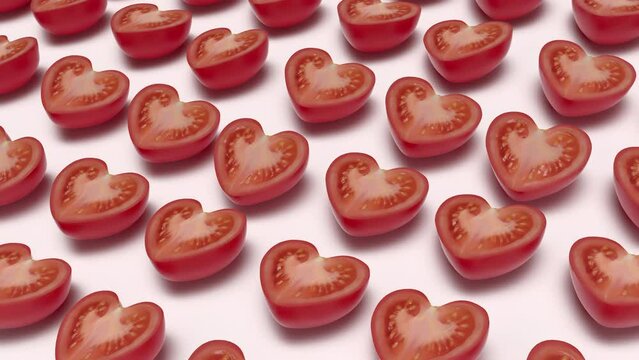 Tomato hearts on white background. 3D animation of many tomatoes shaped like a heart.