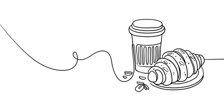 recommend clip art: Coffee with croissant continuous line art drawing isolated on white background. Black and white. Vector illustration