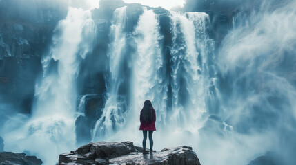 Woman looking at beautiful waterfall