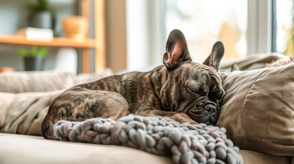 Cute french bulldog dog sleeping on the couch