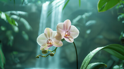 Orchids in jungle by waterfall