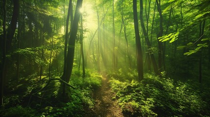 A lush forest with sunlight filtering through the canopy, casting dappled shadows on the forest floor