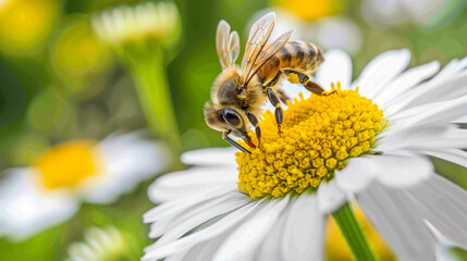 Bee collecting pollen from a white daisy