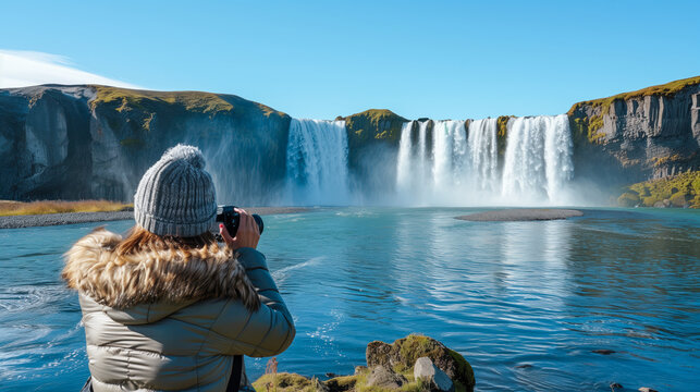 Woman taking photo of beautiful waterfall. Travel concept