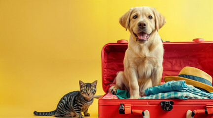 Puppy golden labrador retriever in suitcase and a cat waiting to travel.Vacation. Traveling with pets.Pets help get ready for trip. Concept pet adventure, pets love, animal life, humor, dog sitter.
