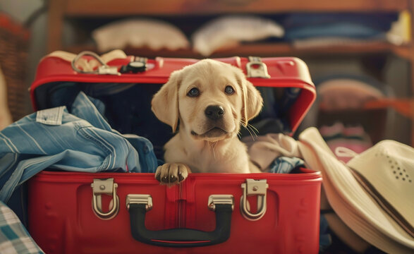 Puppy golden labrador retriever in suitcase and a cat waiting to travel.Vacation. Traveling with pets.Pets help get ready for trip. Concept pet adventure, pets love, animal life, humor, dog sitter.