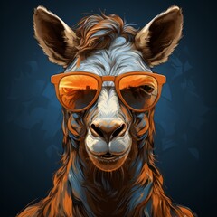 A digital painting of a stylish llama wearing sunglasses with a sunset reflection, set against a vibrant blue background, creating a trendy image.