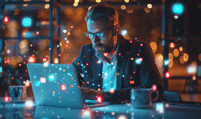 Serious businessman working on a laptop at night with digital social network icons connecting in the foreground.
