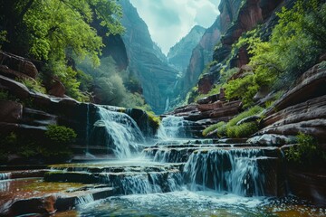 A realistic painting of a grand waterfall cascading down rocky cliffs in a rugged mountain setting - obrazy, fototapety, plakaty